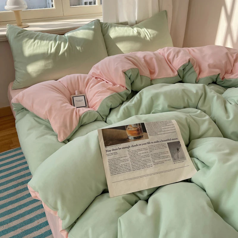 Cotton Bedding Set 4pcs with Solid Bed Sheet Duvet Cover Pillowcases Single Couple Bedsheet King Queen Double Twin Size