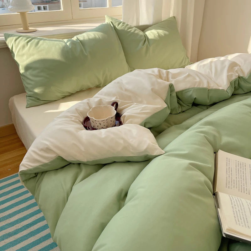 Cotton Bedding Set 4pcs with Solid Bed Sheet Duvet Cover Pillowcases Single Couple Bedsheet King Queen Double Twin Size