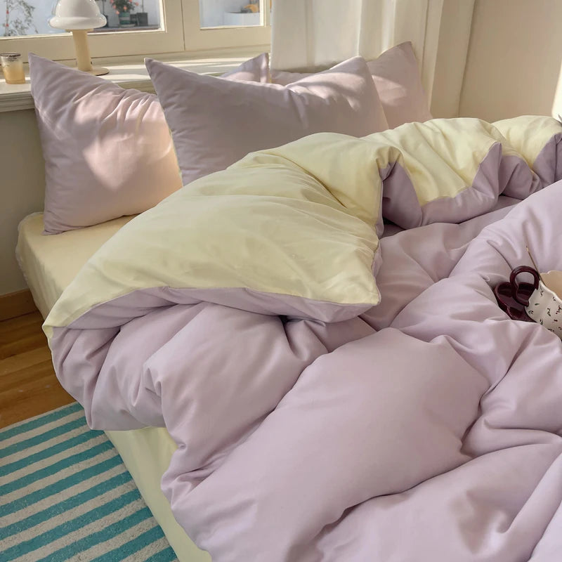 Cotton Bedding Set 4pcs with Solid Bed Sheet Duvet Cover Pillowcases Single Couple Bedsheet King Queen Double Twin Size