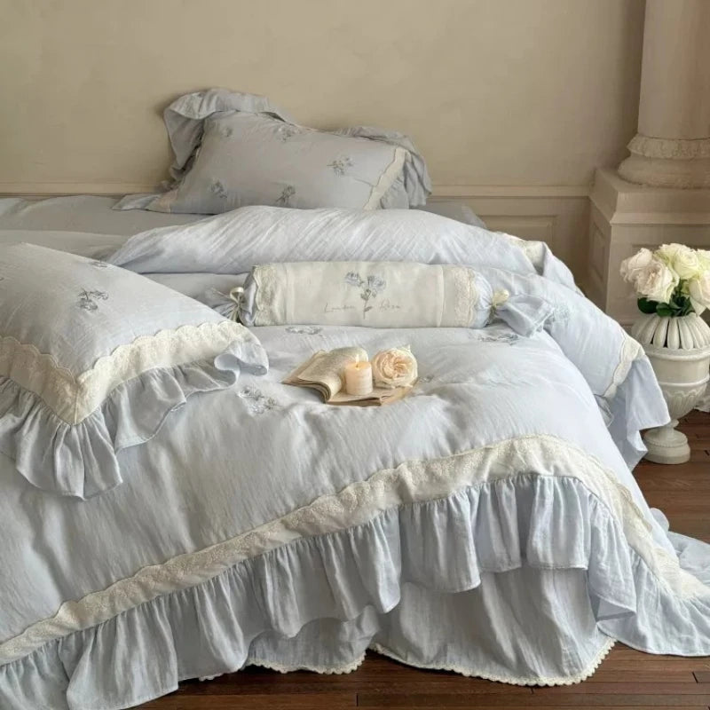 French Romantic Floral All Cotton Wrinkled Yarn Four Piece Set Rose Embroidery Lace Edge Duvet Cover Pure Cotton Bedding