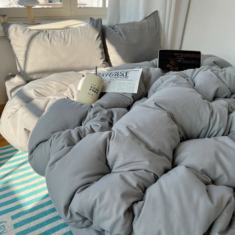 Cotton Bedding Set 4pcs with Solid Bed Sheet Duvet Cover Pillowcases Single Couple Bedsheet King Queen Double Twin Size