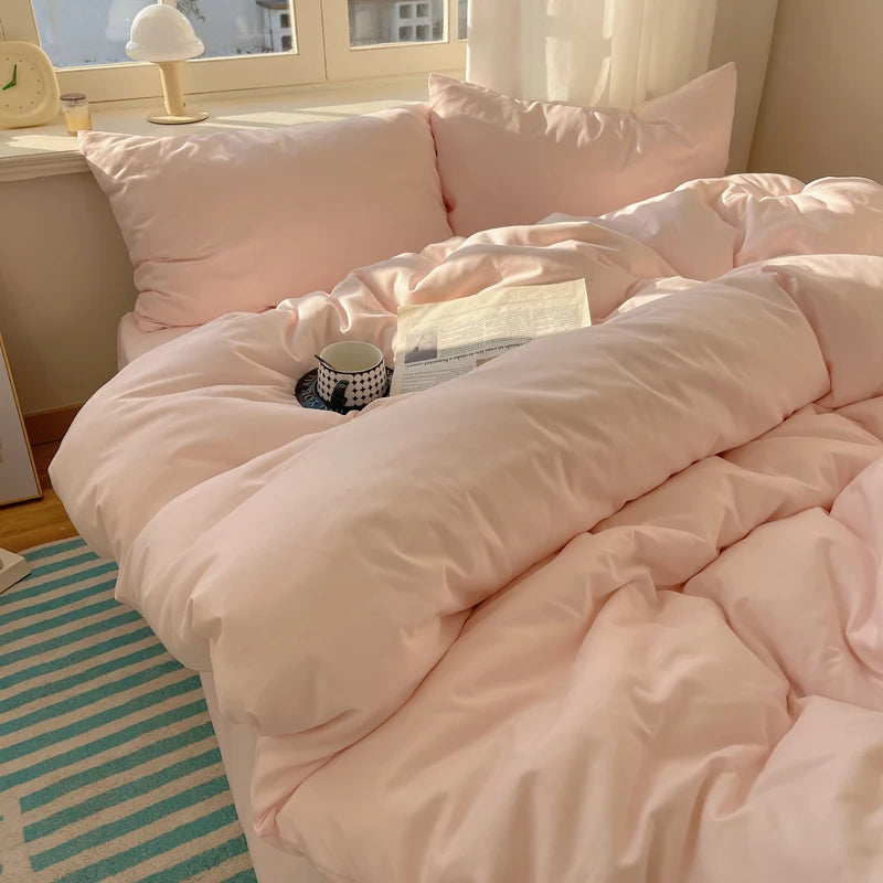 Cotton Bedding Set 4pcs with Solid Bed Sheet Duvet Cover Pillowcases Single Couple Bedsheet King Queen Double Twin Size