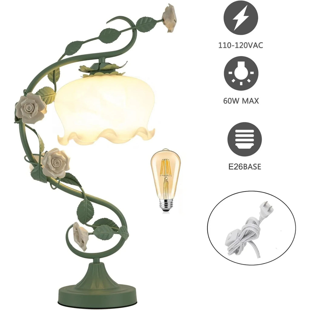 Modern Flower Glass Table Lamp, 20 Inch Tall Bedside Desk Lamp with Bent Glass Lampshade for Bedroom Living Room Office