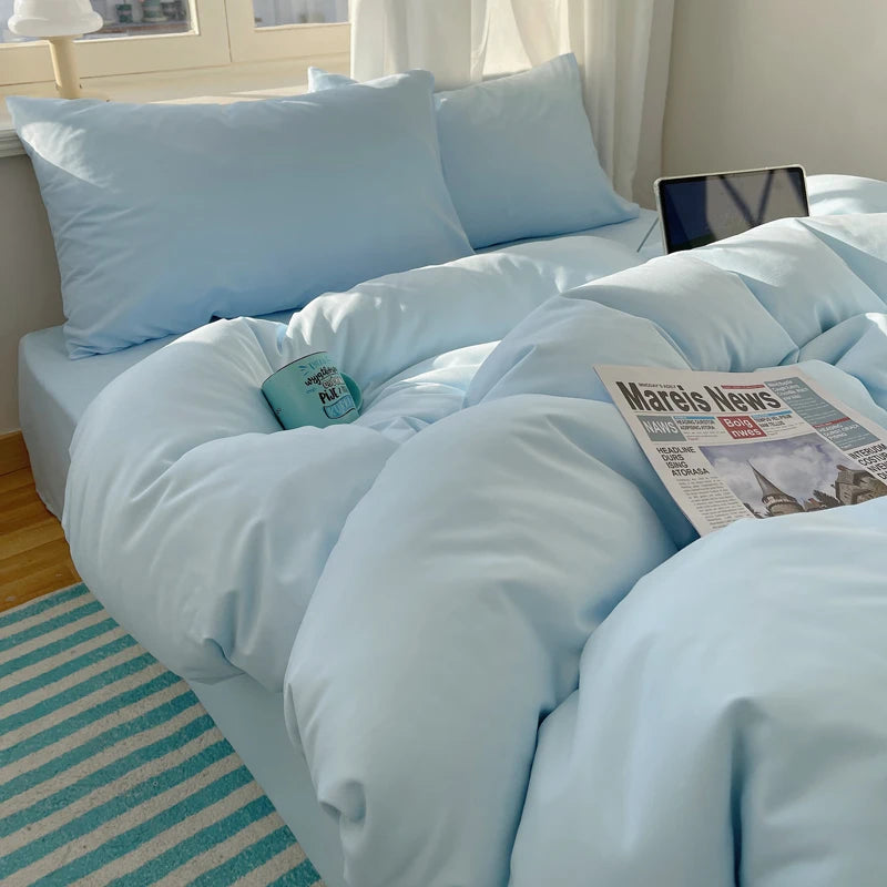 Cotton Bedding Set 4pcs with Solid Bed Sheet Duvet Cover Pillowcases Single Couple Bedsheet King Queen Double Twin Size