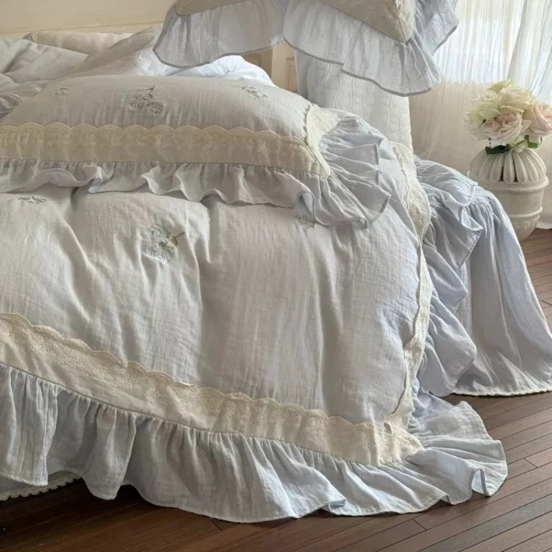 French Romantic Floral All Cotton Wrinkled Yarn Four Piece Set Rose Embroidery Lace Edge Duvet Cover Pure Cotton Bedding