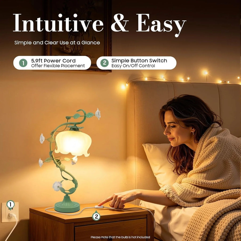 Modern Flower Glass Table Lamp, 20 Inch Tall Bedside Desk Lamp with Bent Glass Lampshade for Bedroom Living Room Office