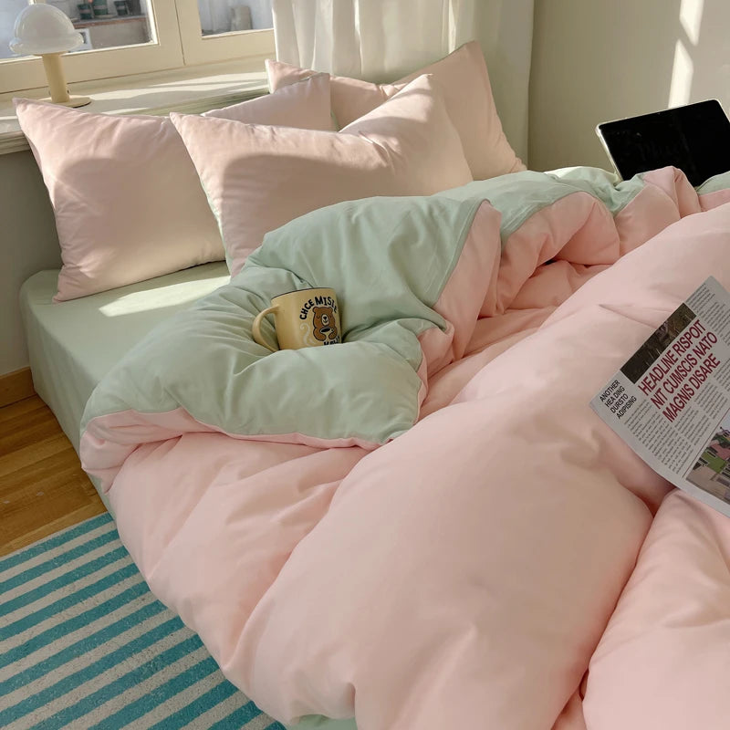 Cotton Bedding Set 4pcs with Solid Bed Sheet Duvet Cover Pillowcases Single Couple Bedsheet King Queen Double Twin Size