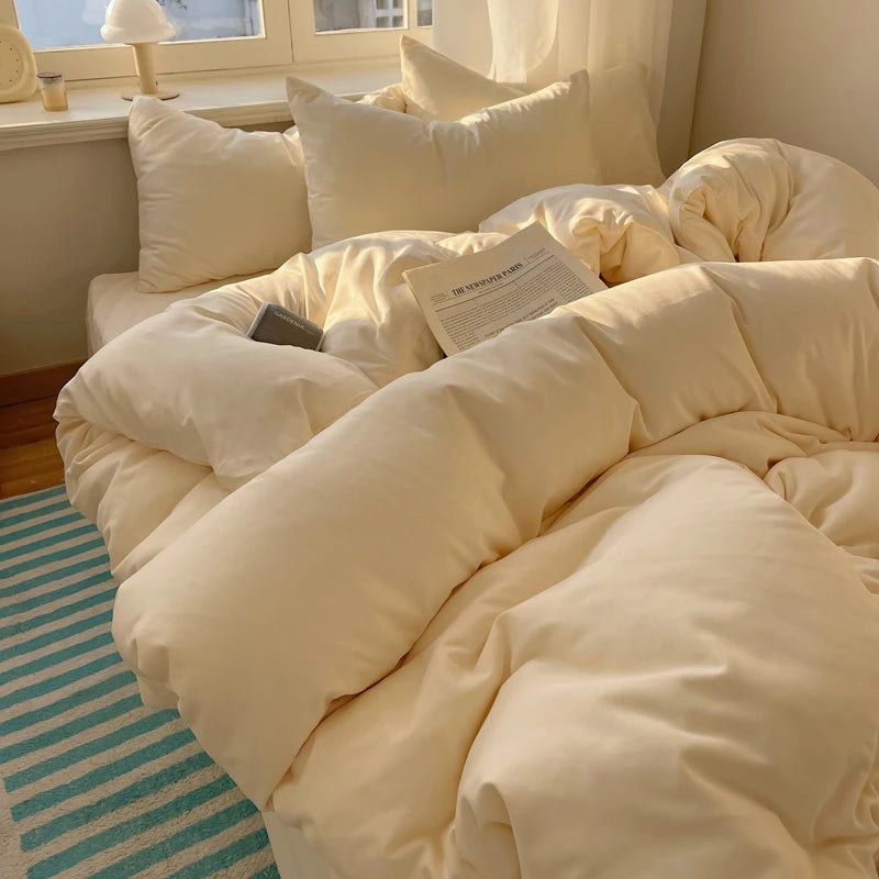 Cotton Bedding Set 4pcs with Solid Bed Sheet Duvet Cover Pillowcases Single Couple Bedsheet King Queen Double Twin Size