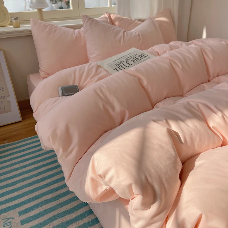 Cotton Bedding Set 4pcs with Solid Bed Sheet Duvet Cover Pillowcases Single Couple Bedsheet King Queen Double Twin Size