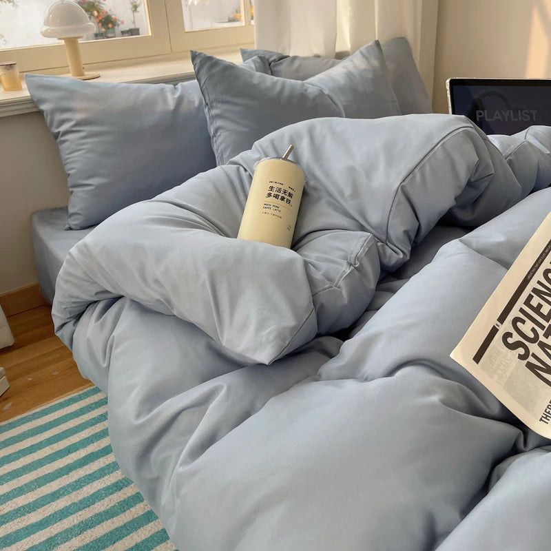 Cotton Bedding Set 4pcs with Solid Bed Sheet Duvet Cover Pillowcases Single Couple Bedsheet King Queen Double Twin Size