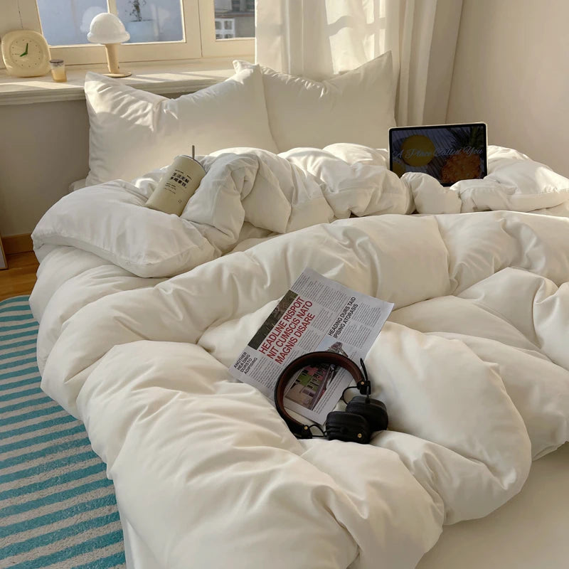 Cotton Bedding Set 4pcs with Solid Bed Sheet Duvet Cover Pillowcases Single Couple Bedsheet King Queen Double Twin Size