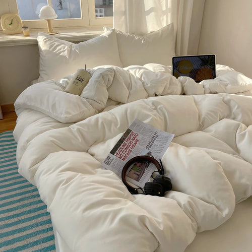 Cotton Bedding Set 4pcs with Solid Bed Sheet Duvet Cover Pillowcases Single Couple Bedsheet King Queen Double Twin Size
