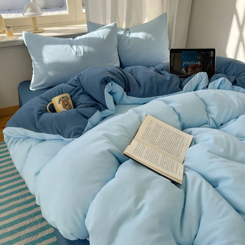 Cotton Bedding Set 4pcs with Solid Bed Sheet Duvet Cover Pillowcases Single Couple Bedsheet King Queen Double Twin Size