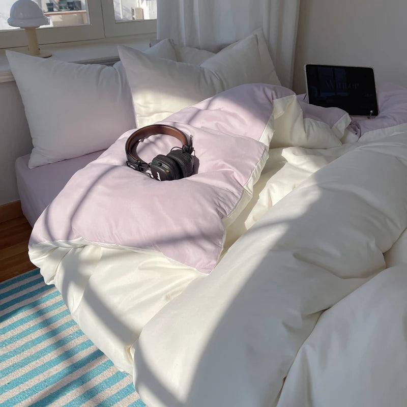 Cotton Bedding Set 4pcs with Solid Bed Sheet Duvet Cover Pillowcases Single Couple Bedsheet King Queen Double Twin Size