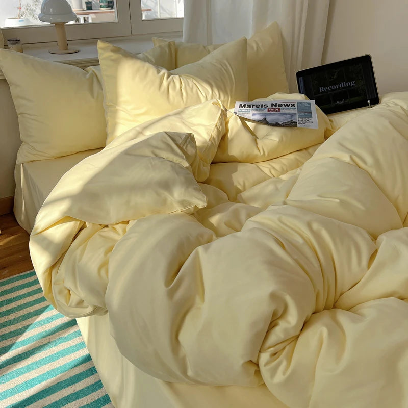 Cotton Bedding Set 4pcs with Solid Bed Sheet Duvet Cover Pillowcases Single Couple Bedsheet King Queen Double Twin Size