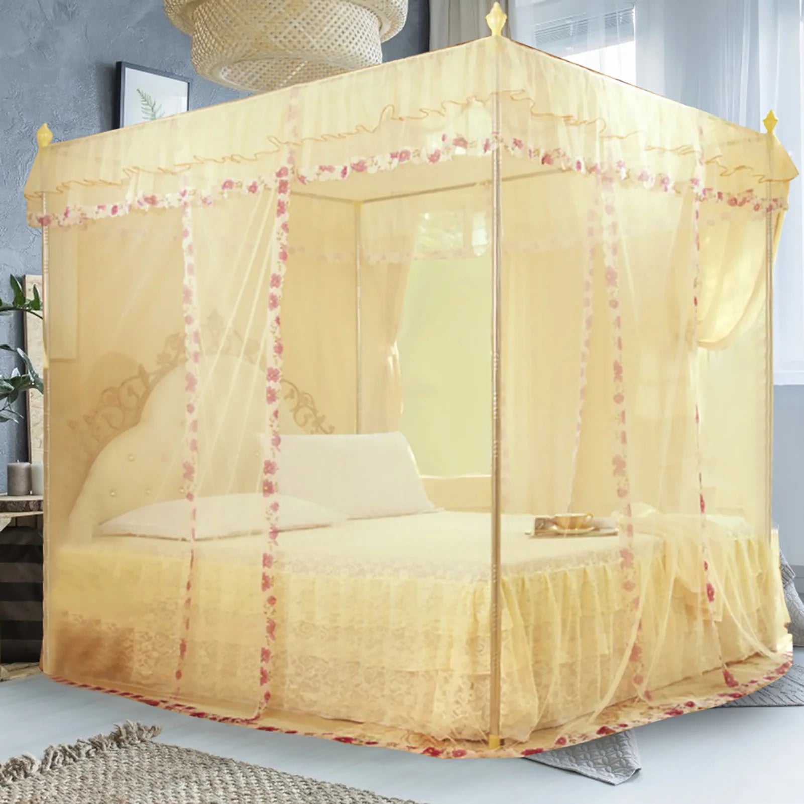 Bed Curtain Luxury Princess 3 Side Openings Post Bed Curtain Canopy Netting Mosquito Net Bedding Mosquito Net Mosquito Netting