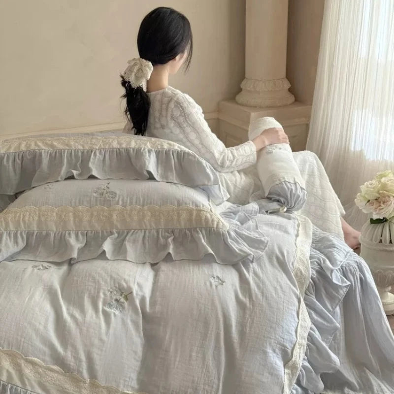 French Romantic Floral All Cotton Wrinkled Yarn Four Piece Set Rose Embroidery Lace Edge Duvet Cover Pure Cotton Bedding