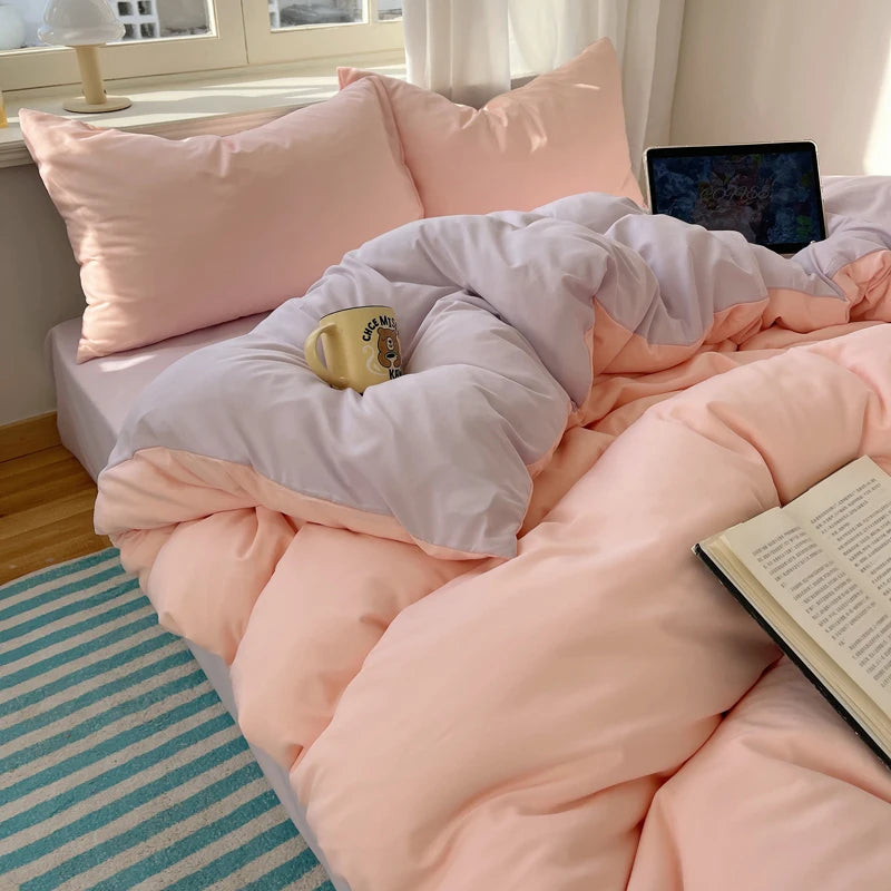 Cotton Bedding Set 4pcs with Solid Bed Sheet Duvet Cover Pillowcases Single Couple Bedsheet King Queen Double Twin Size
