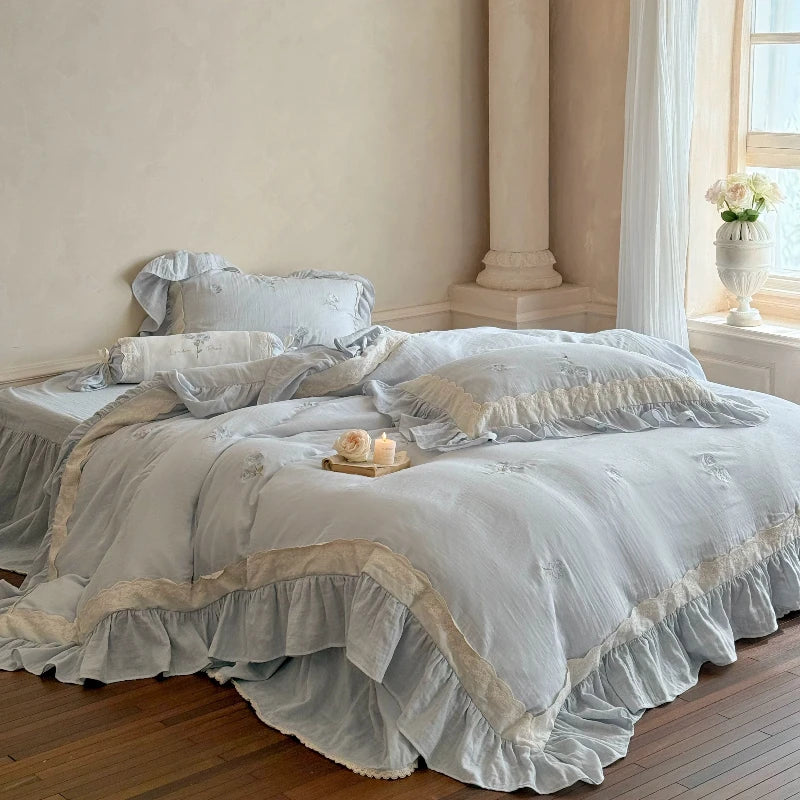 French Romantic Floral All Cotton Wrinkled Yarn Four Piece Set Rose Embroidery Lace Edge Duvet Cover Pure Cotton Bedding