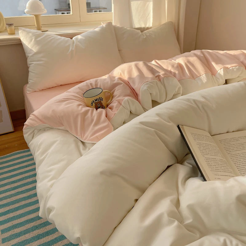 Cotton Bedding Set 4pcs with Solid Bed Sheet Duvet Cover Pillowcases Single Couple Bedsheet King Queen Double Twin Size