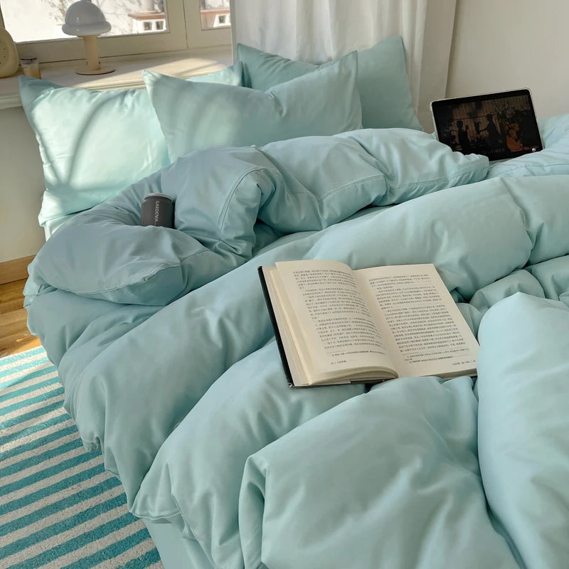 Cotton Bedding Set 4pcs with Solid Bed Sheet Duvet Cover Pillowcases Single Couple Bedsheet King Queen Double Twin Size