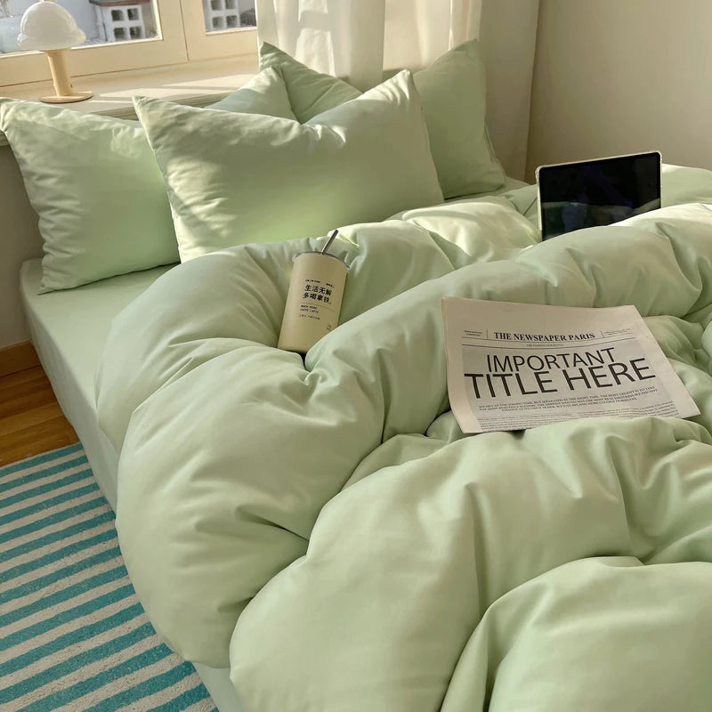 Cotton Bedding Set 4pcs with Solid Bed Sheet Duvet Cover Pillowcases Single Couple Bedsheet King Queen Double Twin Size