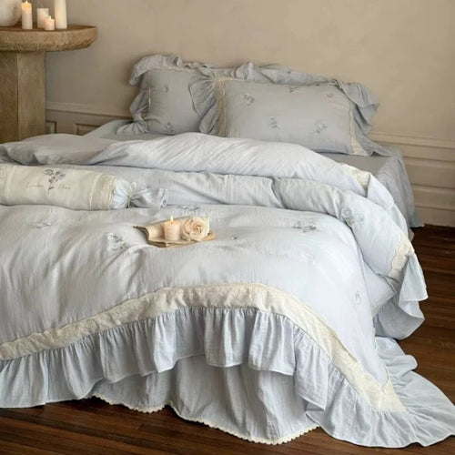 French Romantic Floral All Cotton Wrinkled Yarn Four Piece Set Rose Embroidery Lace Edge Duvet Cover Pure Cotton Bedding