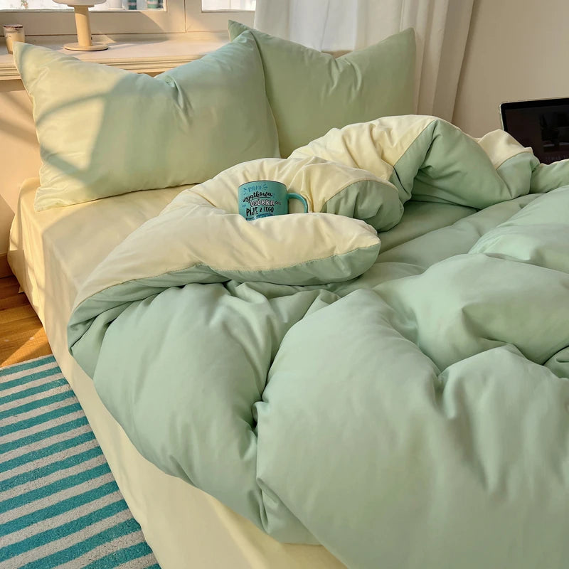 Cotton Bedding Set 4pcs with Solid Bed Sheet Duvet Cover Pillowcases Single Couple Bedsheet King Queen Double Twin Size