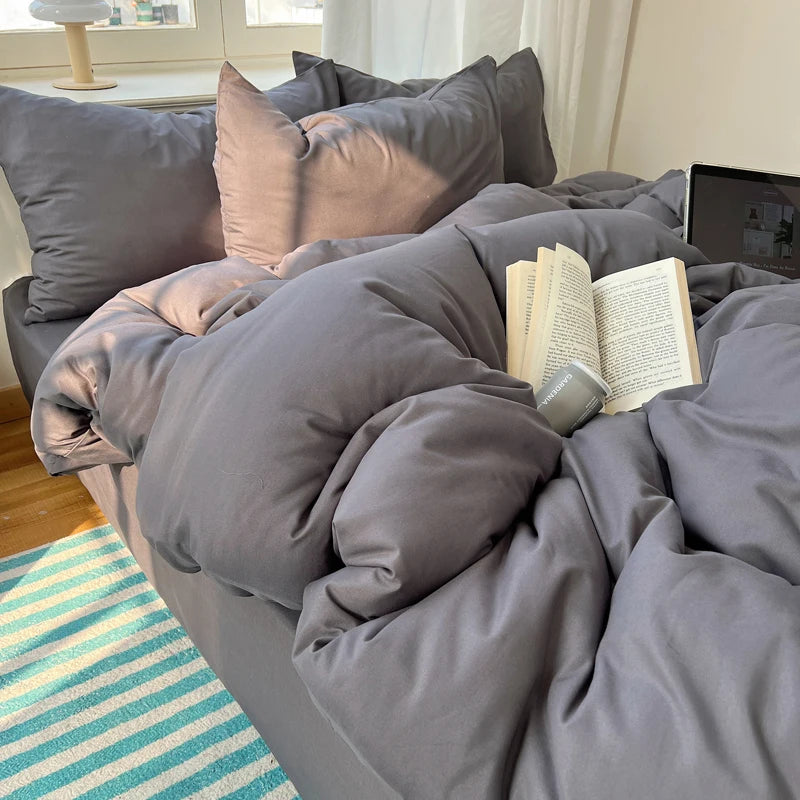 Cotton Bedding Set 4pcs with Solid Bed Sheet Duvet Cover Pillowcases Single Couple Bedsheet King Queen Double Twin Size