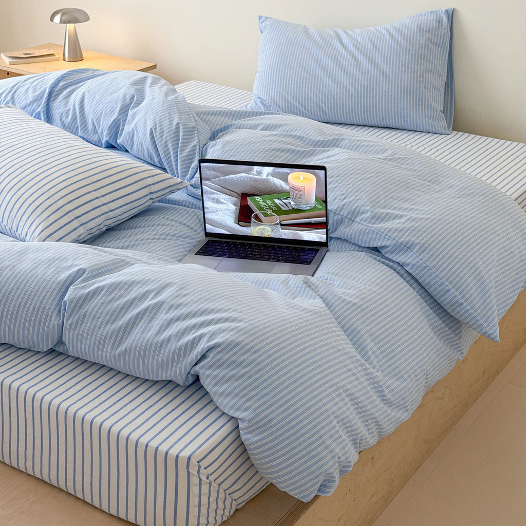Japanese Blue Striped 100% Cotton Duvet Cover Set Queen King Bedding Set Soft Skin-friendly Comforter Cover Pillowcases Bedsheet