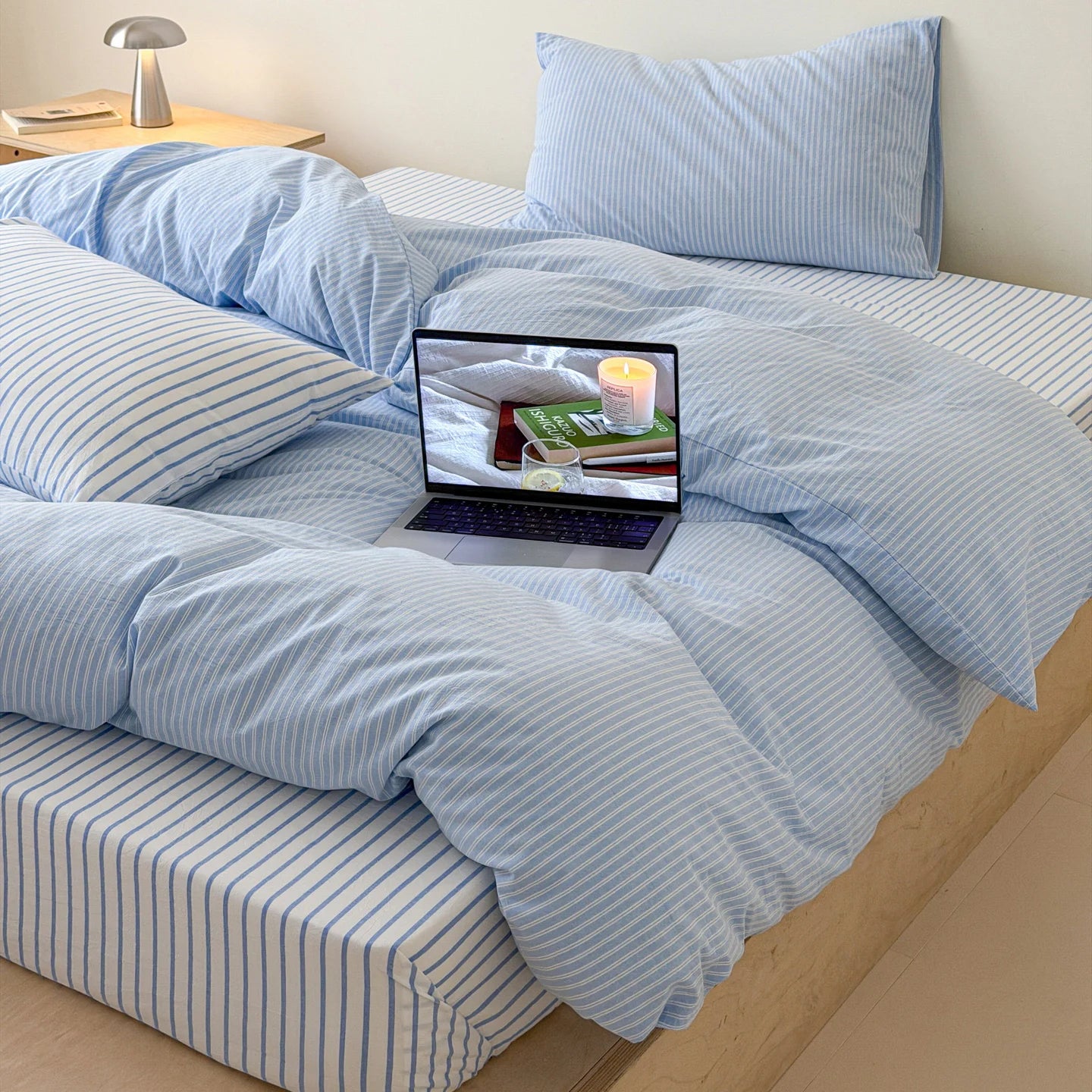 Japanese Blue Striped 100% Cotton Duvet Cover Set Queen King Bedding Set Soft Skin-friendly Comforter Cover Pillowcases Bedsheet