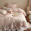 French Romantic Floral All Cotton Wrinkled Yarn Four Piece Set Rose Embroidery Lace Edge Duvet Cover Pure Cotton Bedding