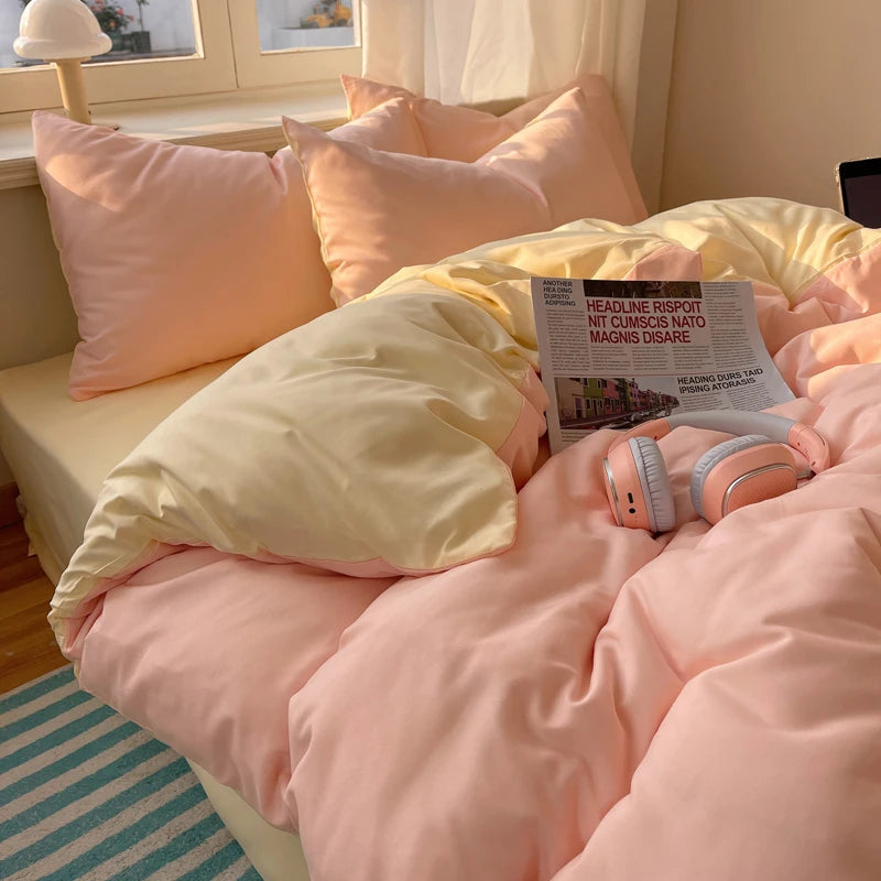 Cotton Bedding Set 4pcs with Solid Bed Sheet Duvet Cover Pillowcases Single Couple Bedsheet King Queen Double Twin Size