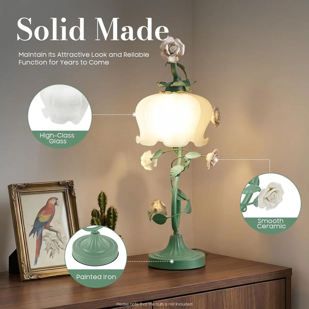 Modern Flower Glass Table Lamp, 20 Inch Tall Bedside Desk Lamp with Bent Glass Lampshade for Bedroom Living Room Office