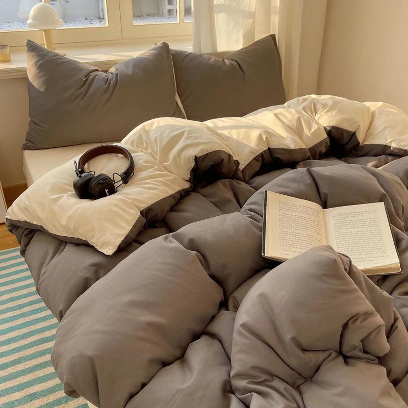 Cotton Bedding Set 4pcs with Solid Bed Sheet Duvet Cover Pillowcases Single Couple Bedsheet King Queen Double Twin Size