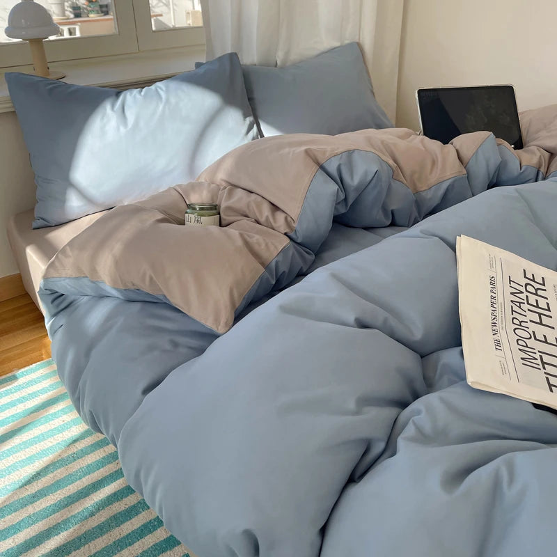 Cotton Bedding Set 4pcs with Solid Bed Sheet Duvet Cover Pillowcases Single Couple Bedsheet King Queen Double Twin Size