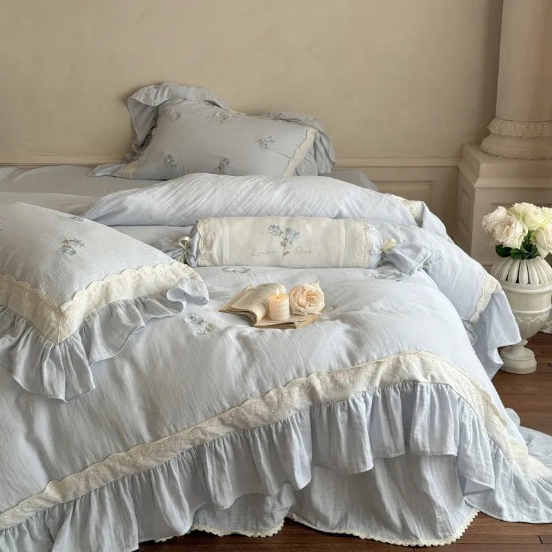 French Romantic Floral All Cotton Wrinkled Yarn Four Piece Set Rose Embroidery Lace Edge Duvet Cover Pure Cotton Bedding