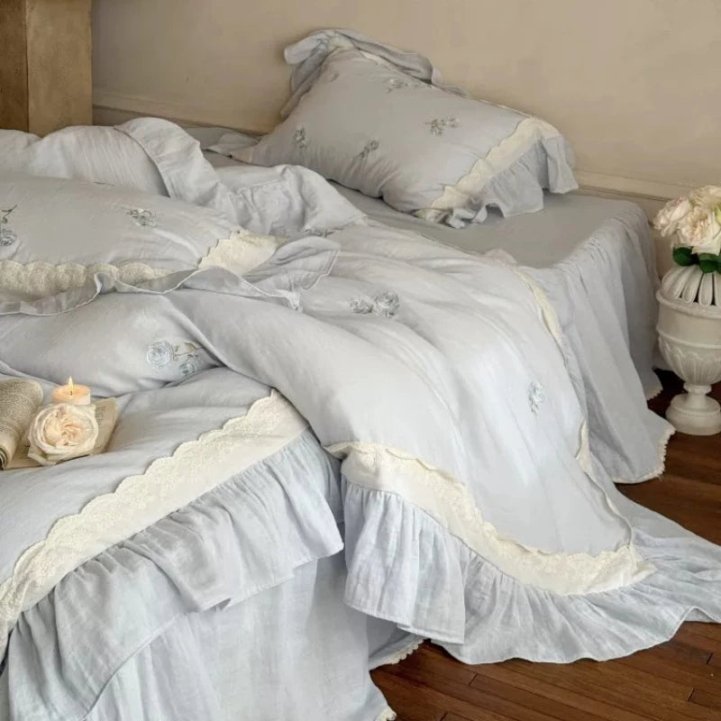 French Romantic Floral All Cotton Wrinkled Yarn Four Piece Set Rose Embroidery Lace Edge Duvet Cover Pure Cotton Bedding